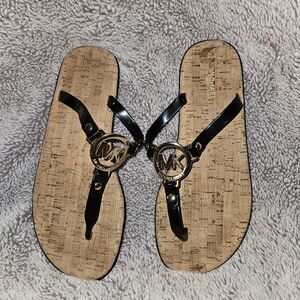 Michael Kors MK Charm Jelly Thong Sandals Black Cork Footbed Gold Logo Women's 8